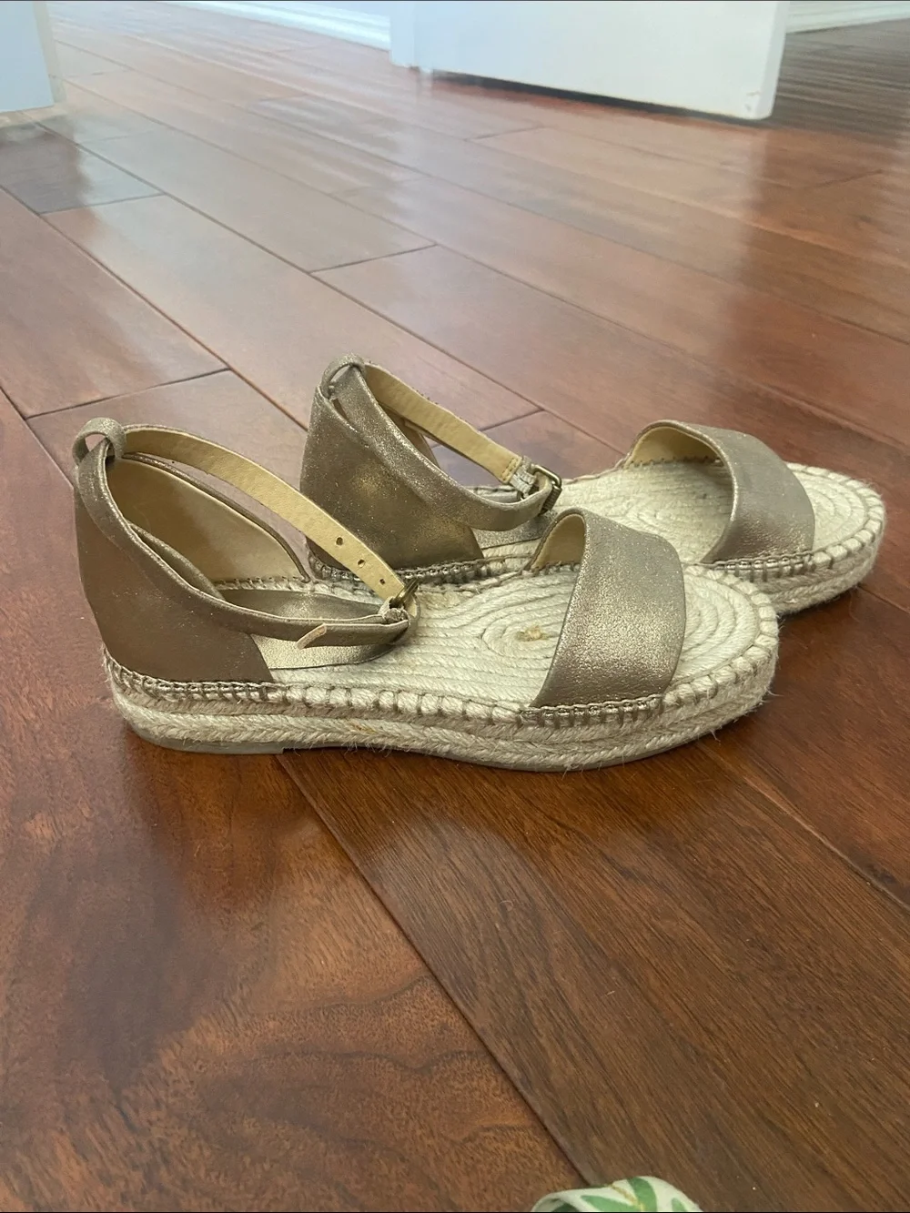 Splendid Metallic Gold Leather Espadrille Sandals with Ankle Strap